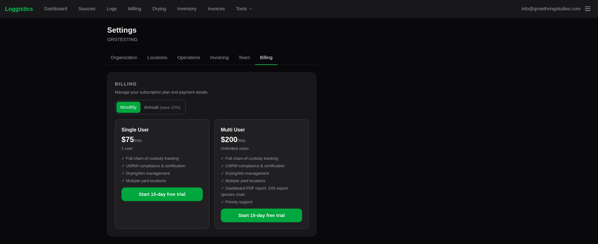 Settings → Billing page showing the Monthly/Annual toggle set to Monthly, with Single User at $75/mo and Multi User at $200/mo side by side